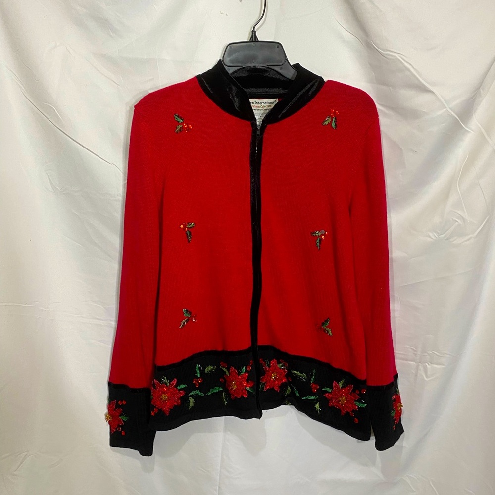Christmas cardigan sweater zip front M
Poinsettia